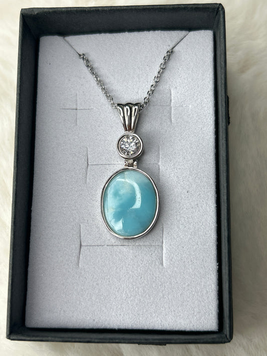 Larimar & Cubic Zirconia Necklace 925 Sterling Silver