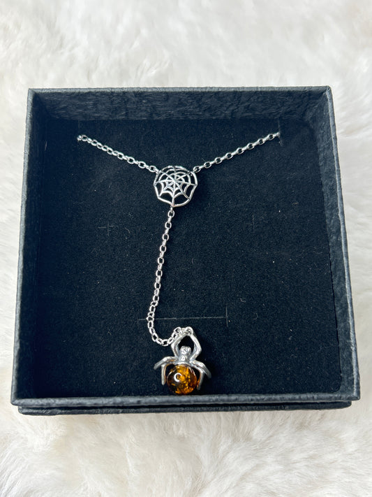 Spider and Web Amber Necklace 925 Sterling Silver