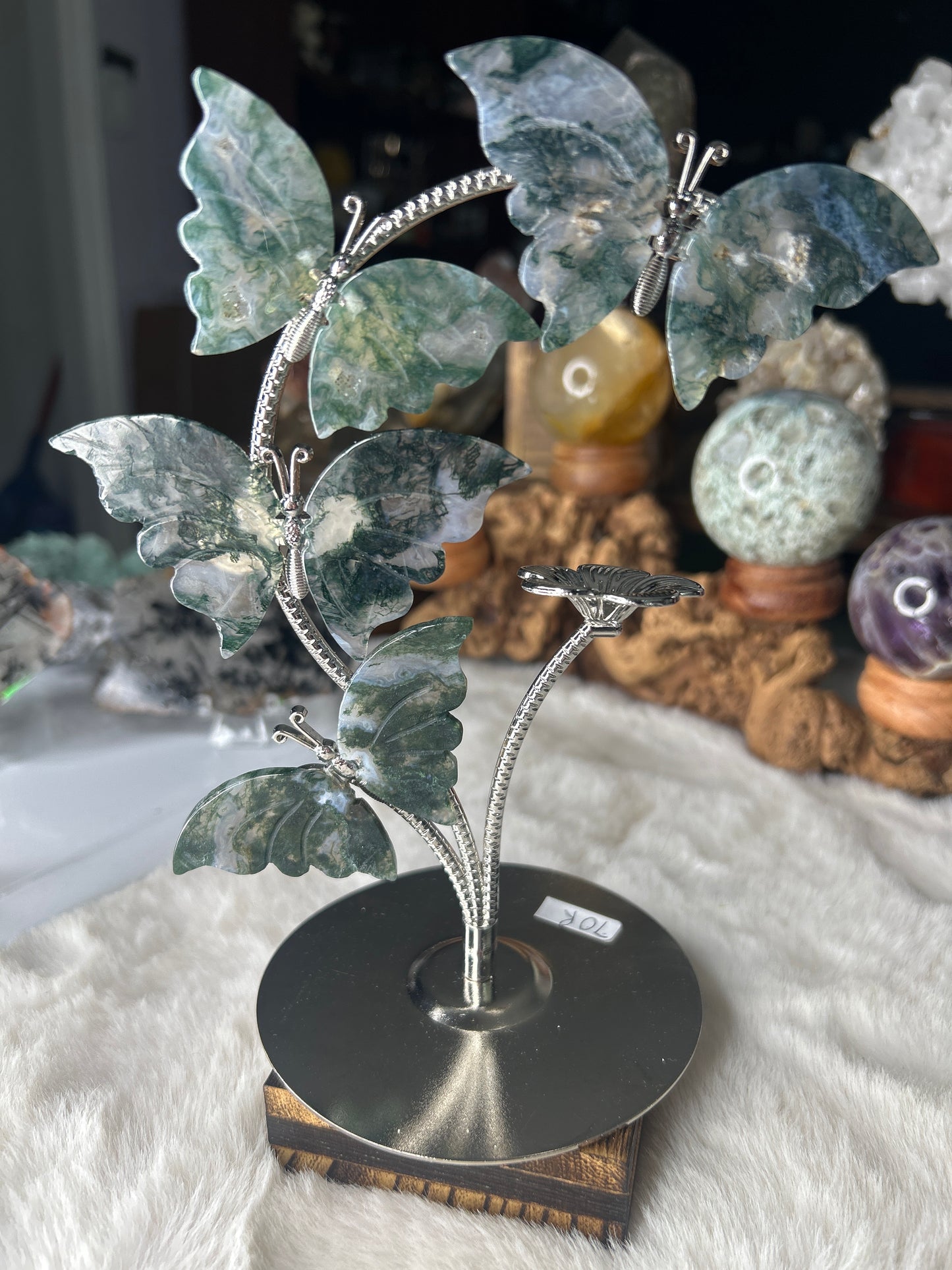 Moss Agate Butterfly Sphere Stand