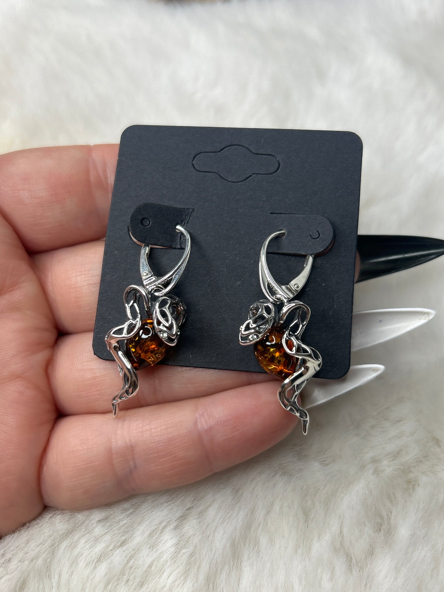 Amber Snake Earrings 925 Sterling Silver