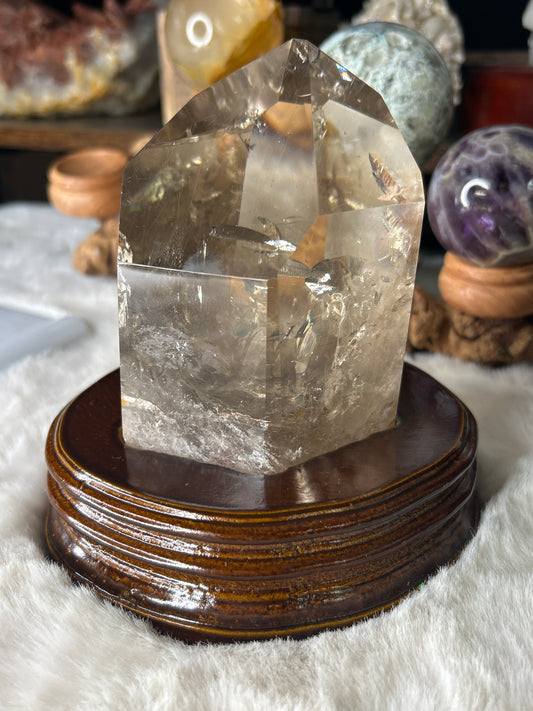 Rutile in Smoky Quartz Point with Custom Wood Stand