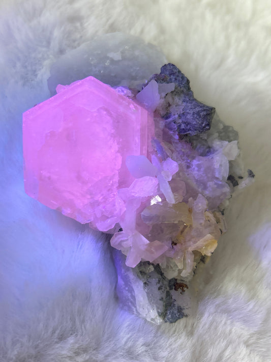 Calcite on Quartz with Fluorite