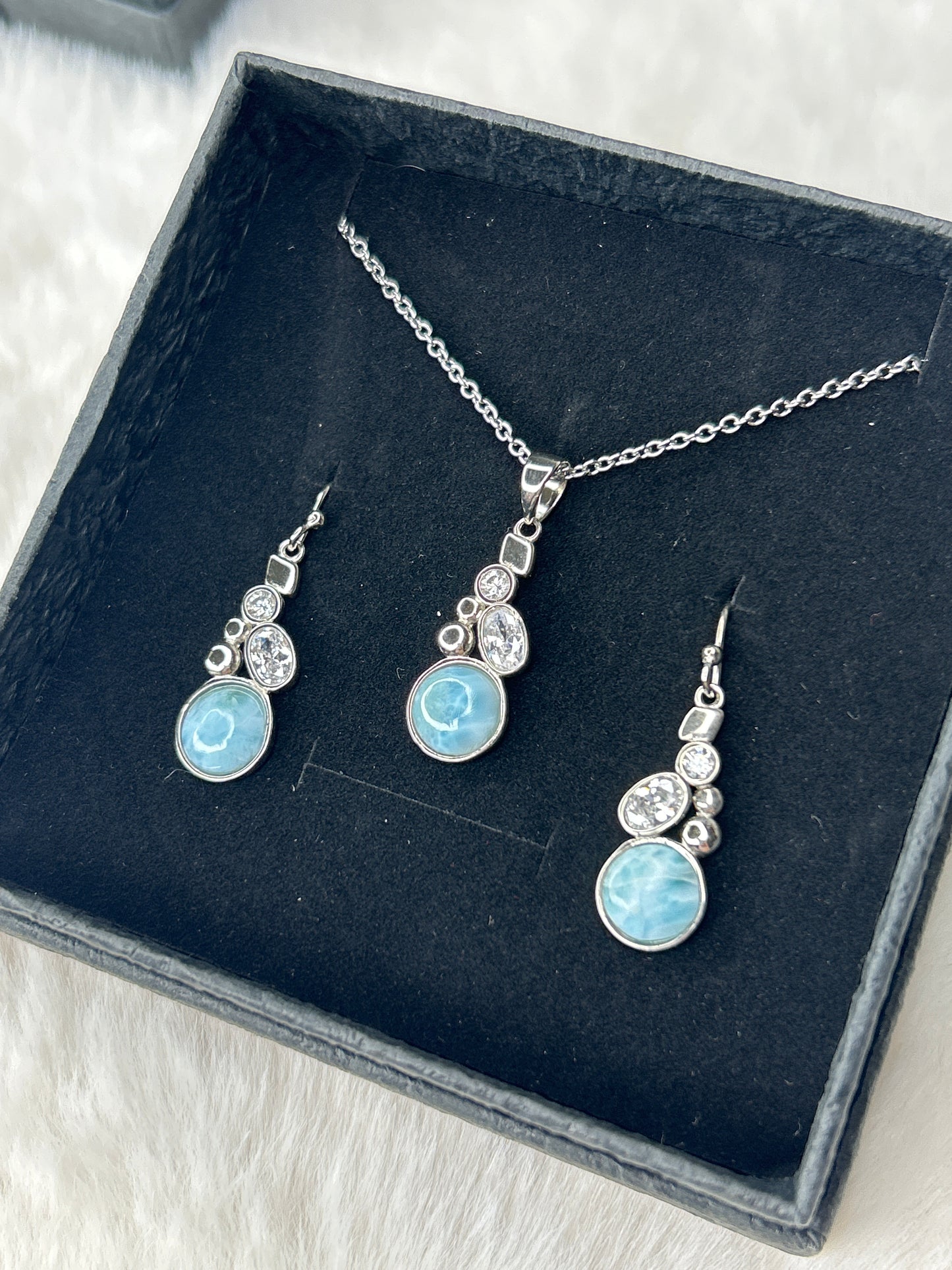 Larimar & Cubic Zirconia Necklace and Earring Set 925 Sterling Silver