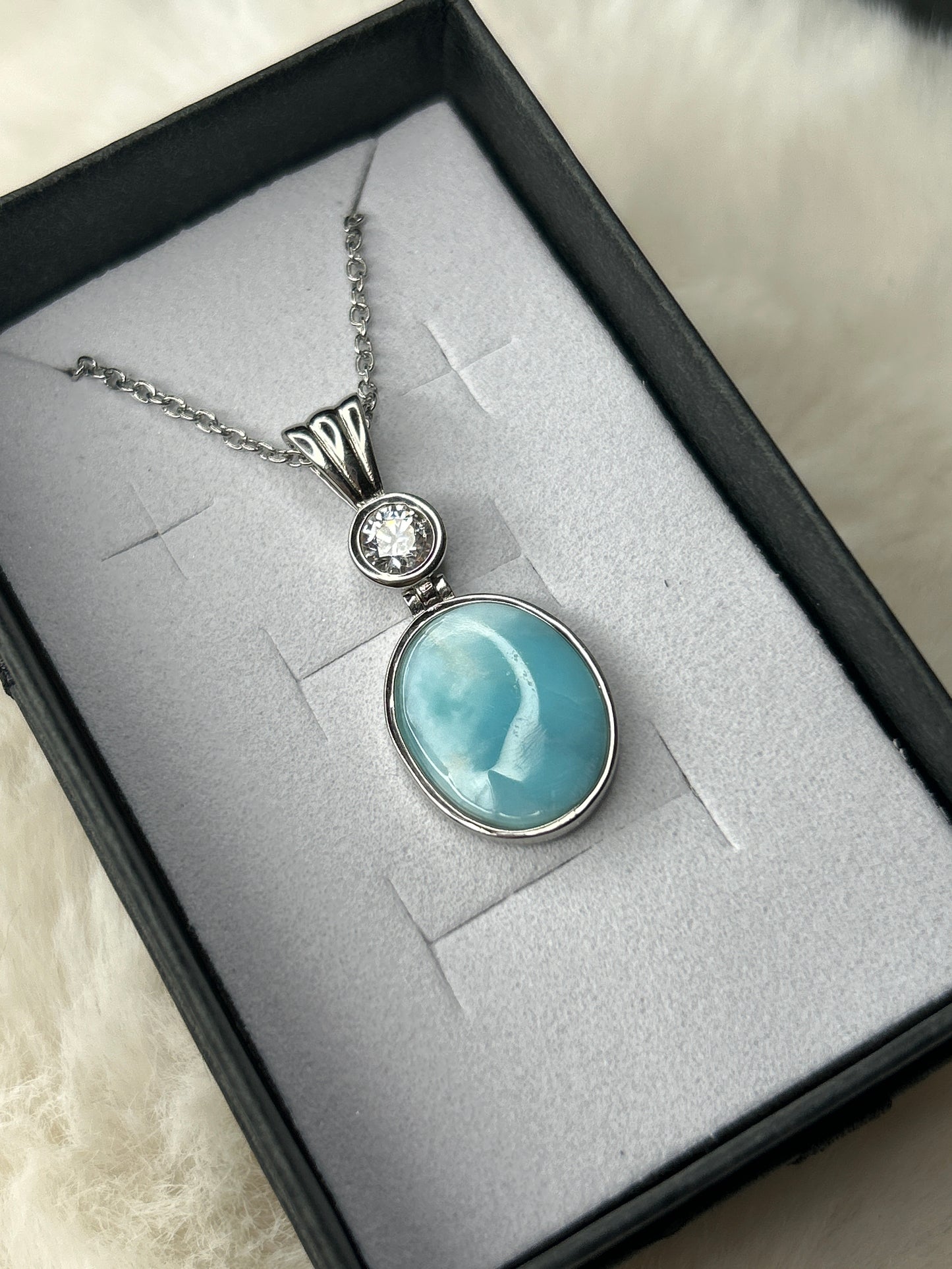 Larimar & Cubic Zirconia Necklace 925 Sterling Silver