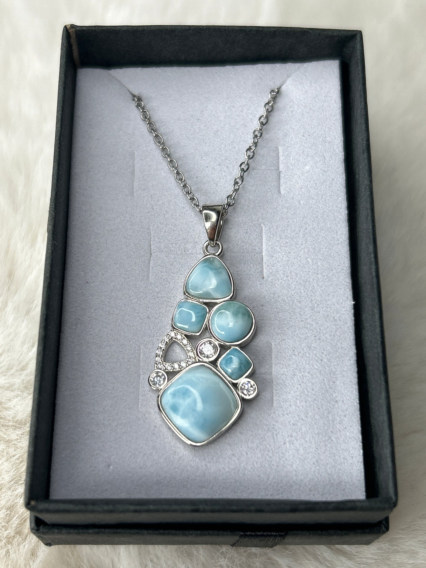 Larimar & Cubic Zirconia Necklace 925 Sterling Silver