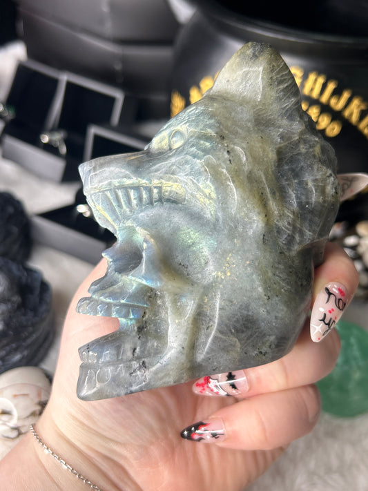 Labradorite Skull & Wolf Head